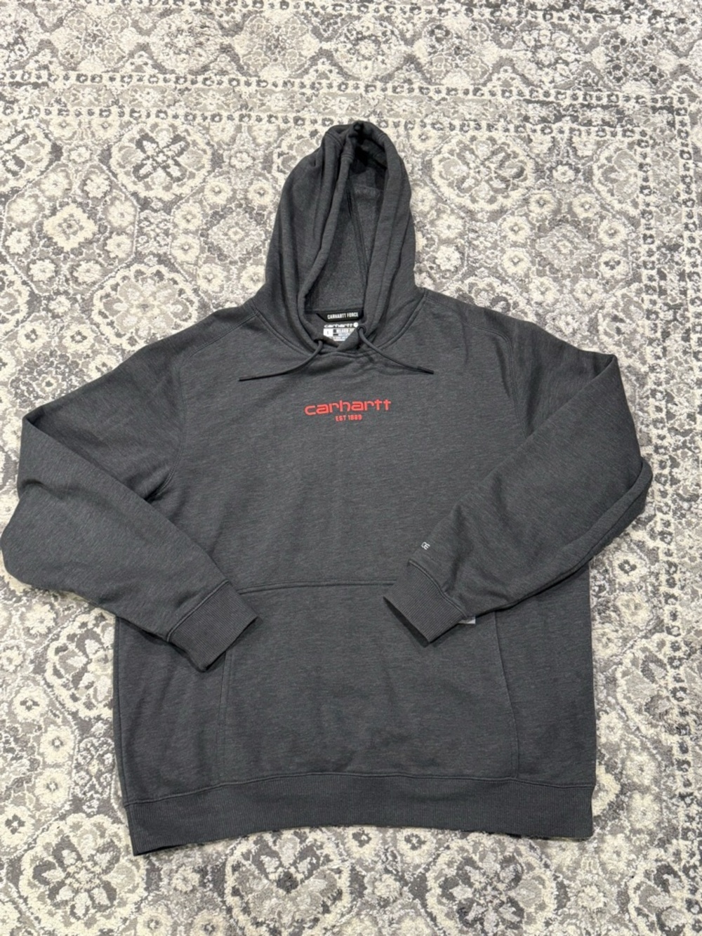 Carhartt Dark Gray Hoodie with Red Chest Logo